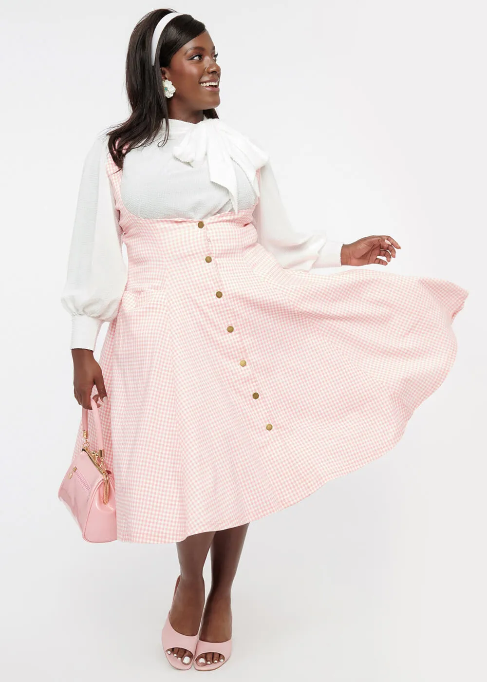 Unique Vintage Suspender Gingham 60's Swing Skirt Pink White