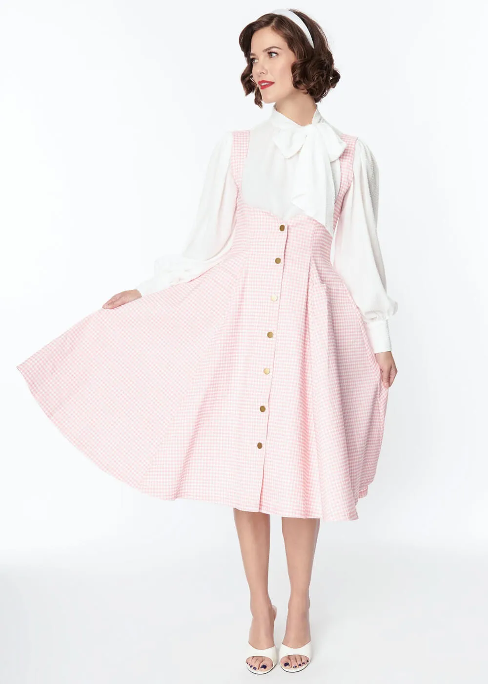 Unique Vintage Suspender Gingham 60's Swing Skirt Pink White