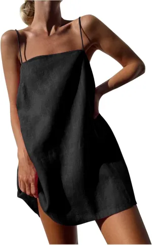 Women Linen Mini Dress Spaghetti Strap Summer Dress Casual Loose Sundress Short Cami Dress Beach Party Sun Dress