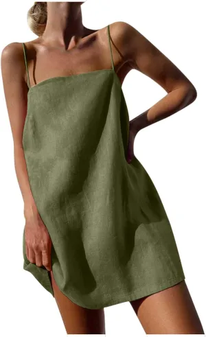 Women Linen Mini Dress Spaghetti Strap Summer Dress Casual Loose Sundress Short Cami Dress Beach Party Sun Dress