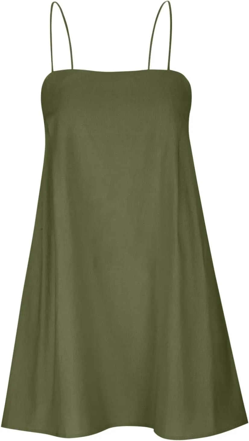 Women Linen Mini Dress Spaghetti Strap Summer Dress Casual Loose Sundress Short Cami Dress Beach Party Sun Dress