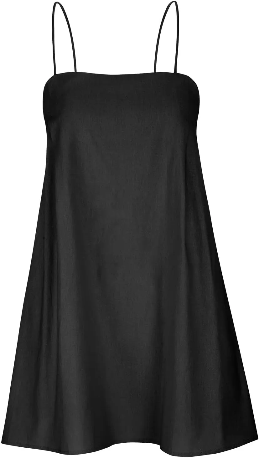 Women Linen Mini Dress Spaghetti Strap Summer Dress Casual Loose Sundress Short Cami Dress Beach Party Sun Dress