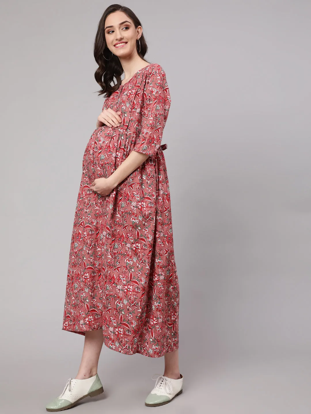 Women Mauve Floral Printed Flared Maternity Dress