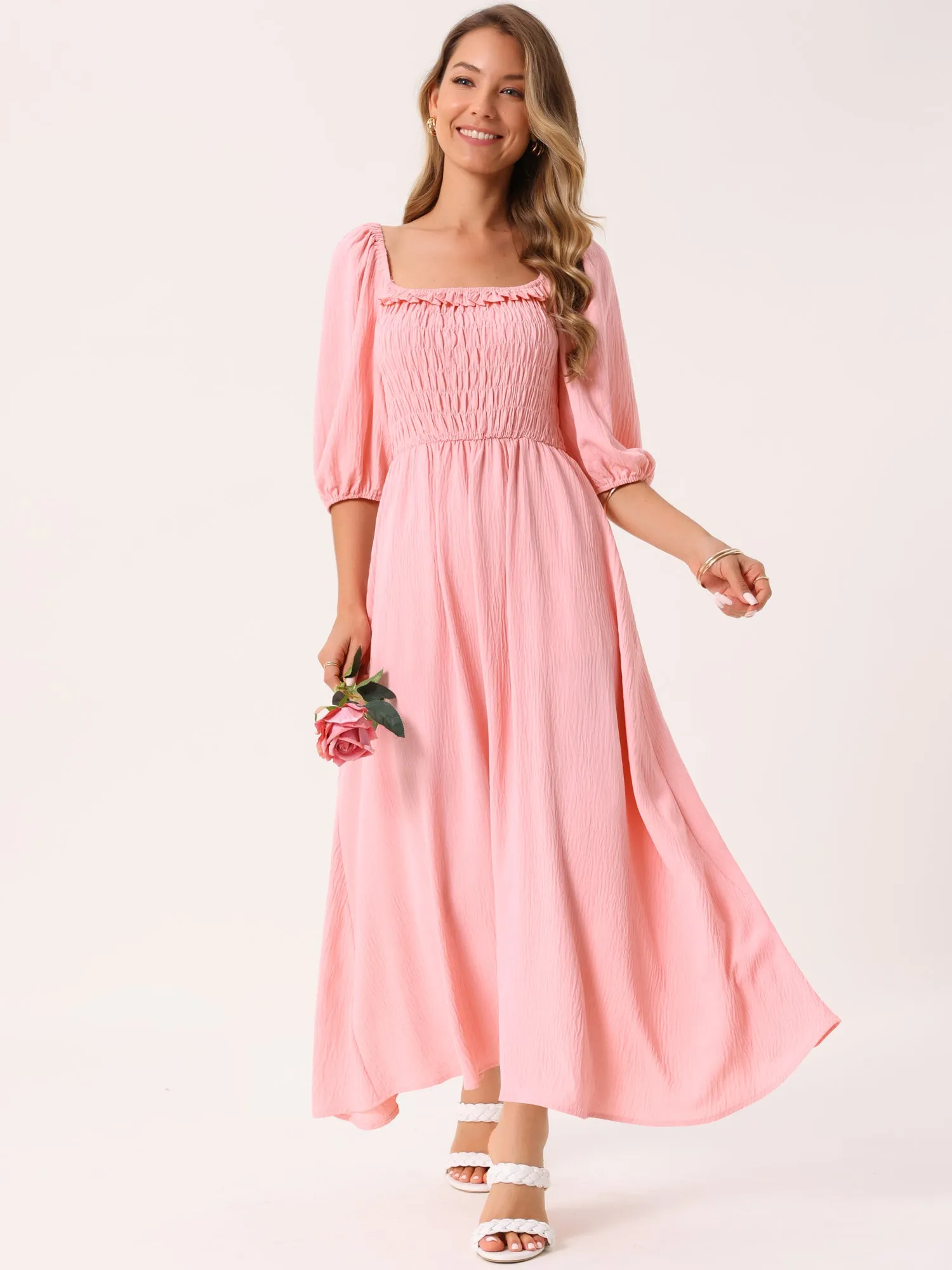 Women's Summer Dresses Casual Puff Half Sleeve Square Neck Smocked Flowy Midi Dress with Pockets