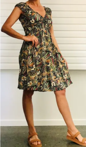 Young Goddess Amara Shirred Waist Short Dress Black Green Paisley 10